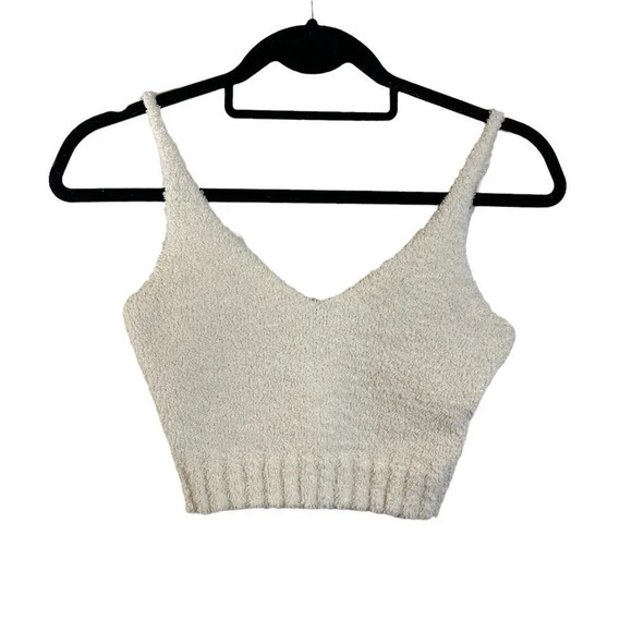 Windsor Tops - Windsor Fuzzy Cream Cropped Top Size XS Spaghetti Straps V Neck Pullover Knit